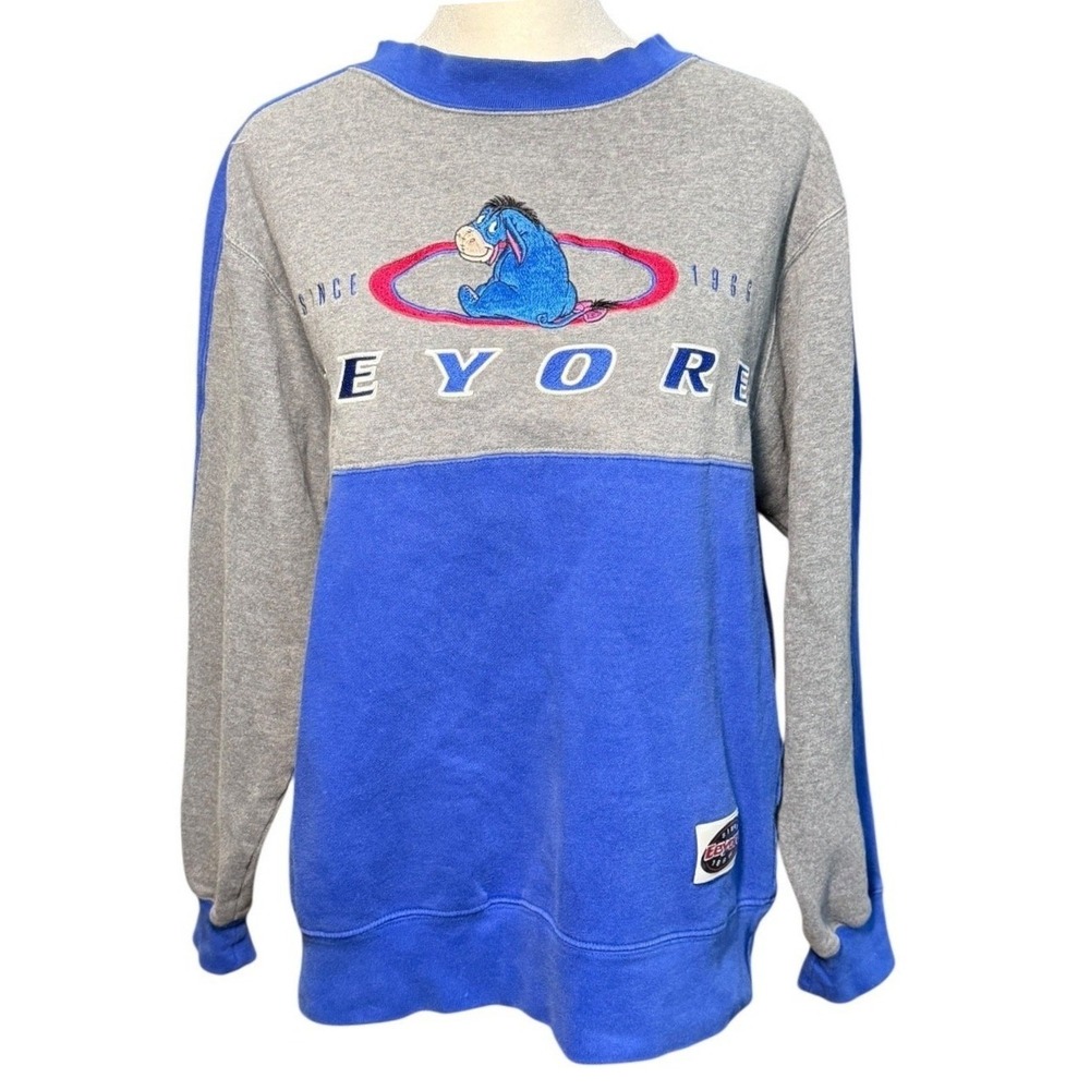 Vintage 90s Disney Eeyore Sweatshirt Colorblock Spellout Womens Small Embroidery
